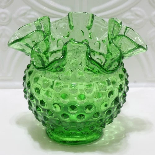 Fenton Glass Vase Spring Time Green Hobnail Rose Bowl Ruffled Edge 5" Vintage