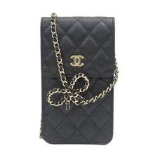CHANEL Phone Holder Chain Shoulder Bag Black Quilted Grained Calfskin Leather