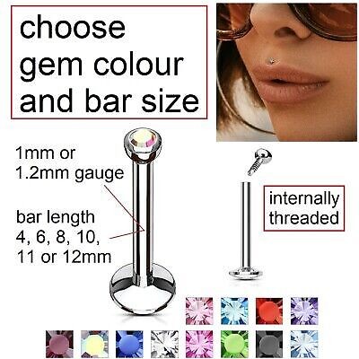 Tiny 2mm Gem internally threaded Labret Cartilage, Tragus, Lip Bar, Nose  Stud