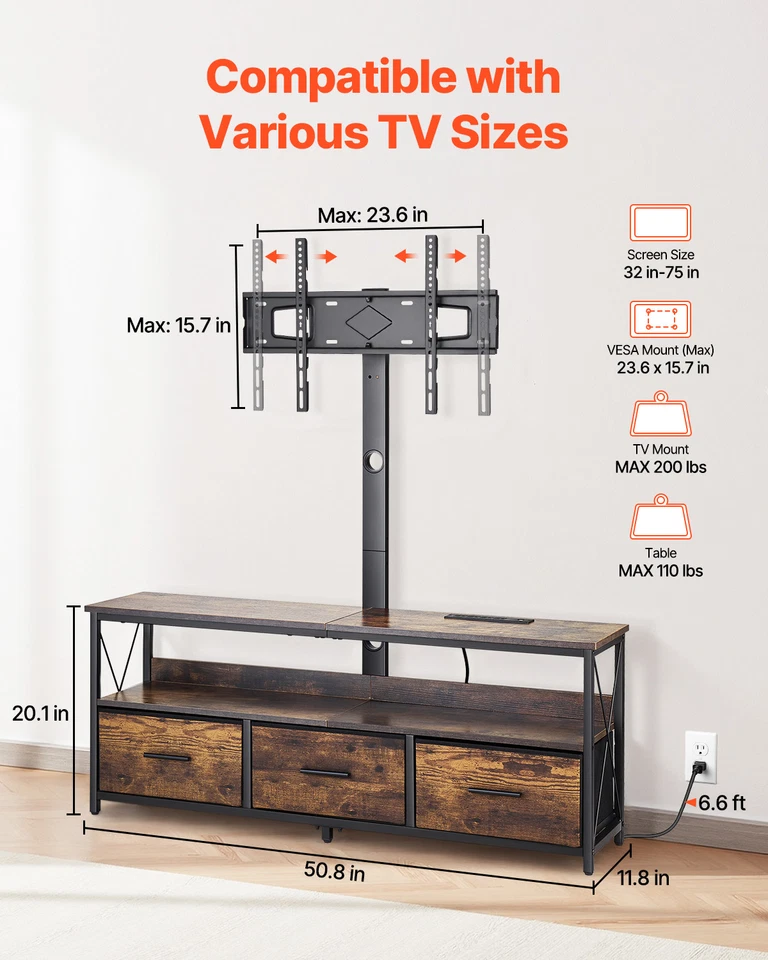 Uimoso 52" TV Stand with Mount for up to 75 in TVs with 3 Drawers & LED Lights - Image 3 of 4