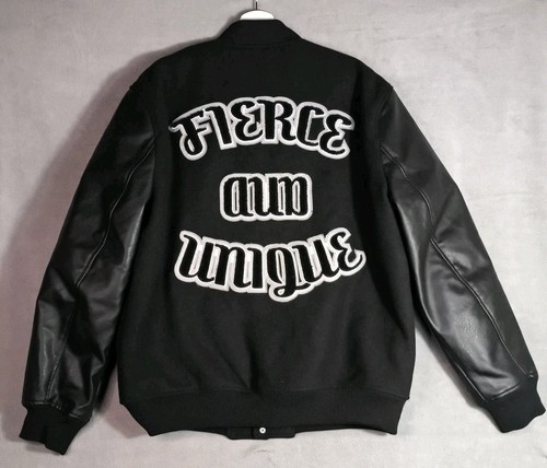 Zara mens black varsity jacket 'Fierce And Unique' faux leather sleeves, sz L - Picture 2 of 11