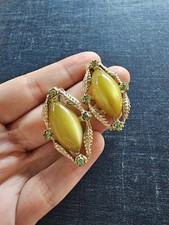 Vintage Yellow Thermoset Moonglow Green Rhinestone Shoe Clips