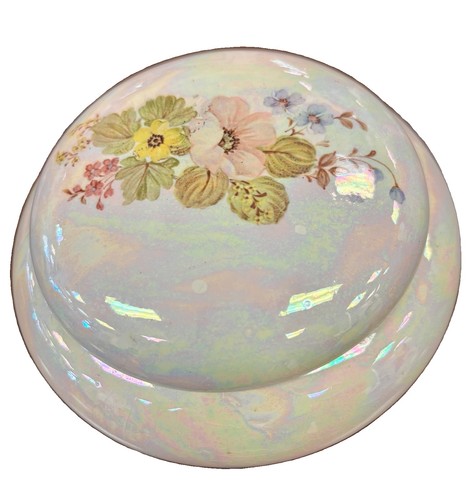 VTG 6” Iridescent Lusterware Powder Jar Dresser Box Hand Painted Floral Vanity