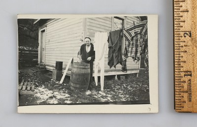 Vintage Photo Mature Man Washes His Clothes In A Barrel Outside One Room Shack