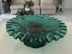 SIGNED VINTAGE FENTON EMERALD GREEN GLASS PEDESTAL CANDLE HOLDER / CAKE STAND