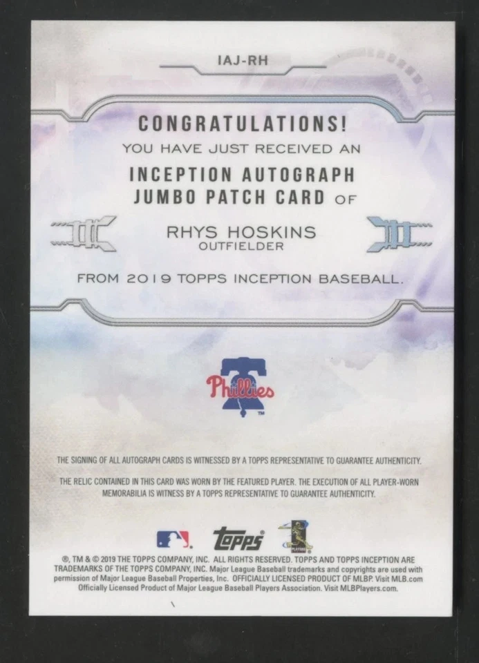 2019 Topps Inception Rhys Hoskins Jumbo Patch Auto  /10 Color Match Phillies - Image 2 of 2