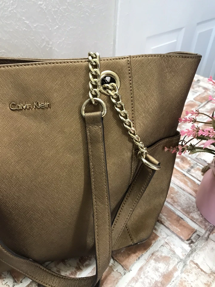 Calvin Klein Metallic Gold Saffiano CHAIN STRAP Leather Tote Bag HANDBAG 10x15x4 - Image 3 of 4