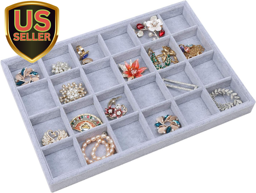 Jewelry Organizer Tray 24 Grids, Jewelry Display Case Stackable Velvet Jewelr...