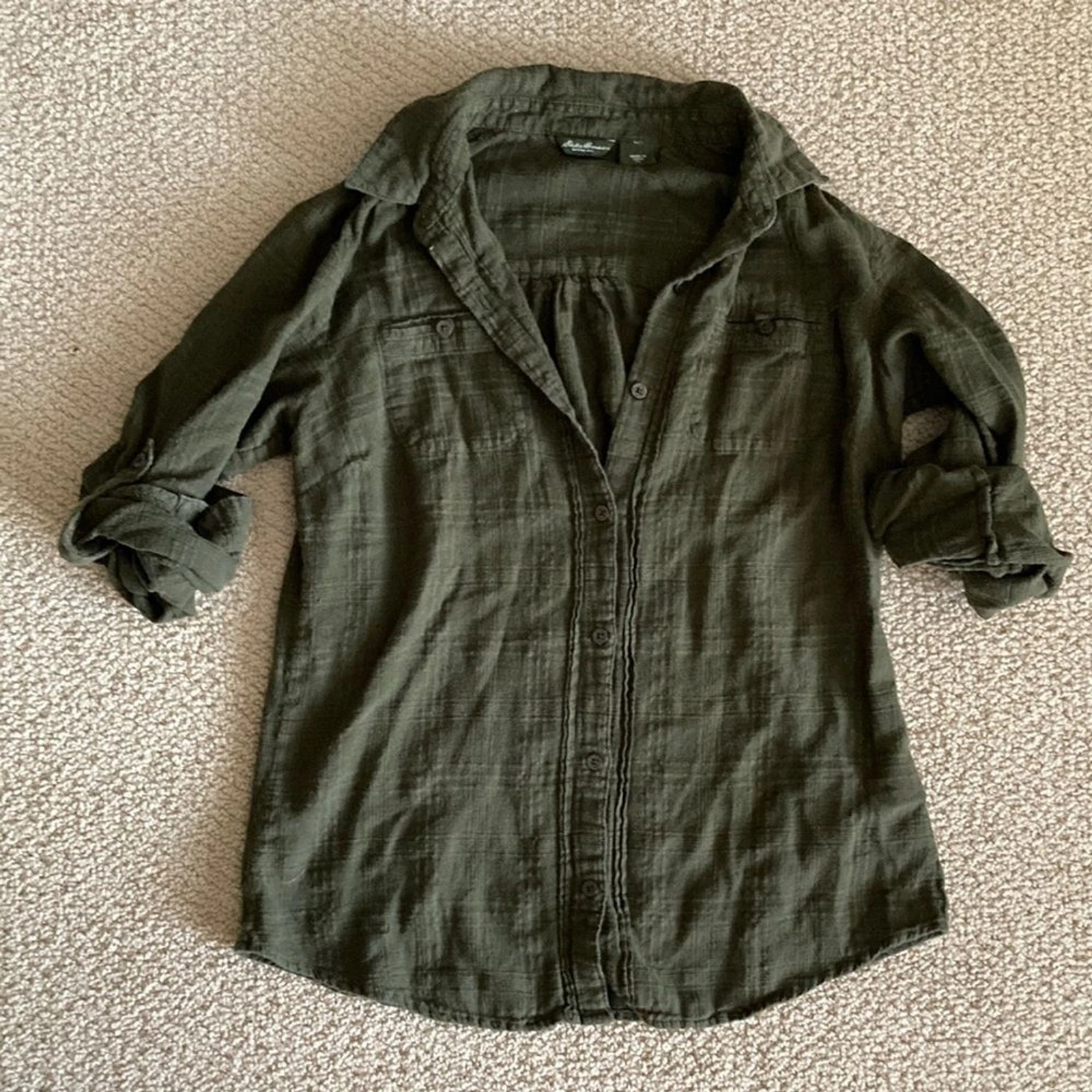 Eddie Bauer Green 100% Cotton Button Down Shirt Sz XS Casual Hiking Textured Top