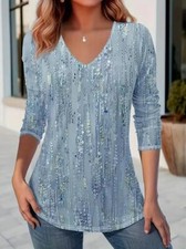 Fashion Women Blue Floral Botanical Print Round Neck T-Shirt Casual Long Sleeve