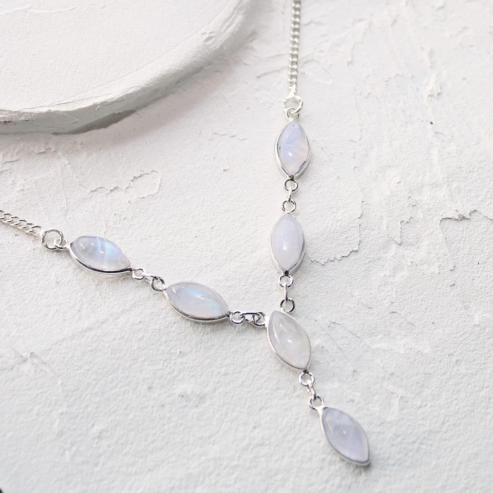 Pietra di Luna Argento Collana 925 Collier 40cm Cabochon Preziose Bianco Blu - Immagine 4 di 4