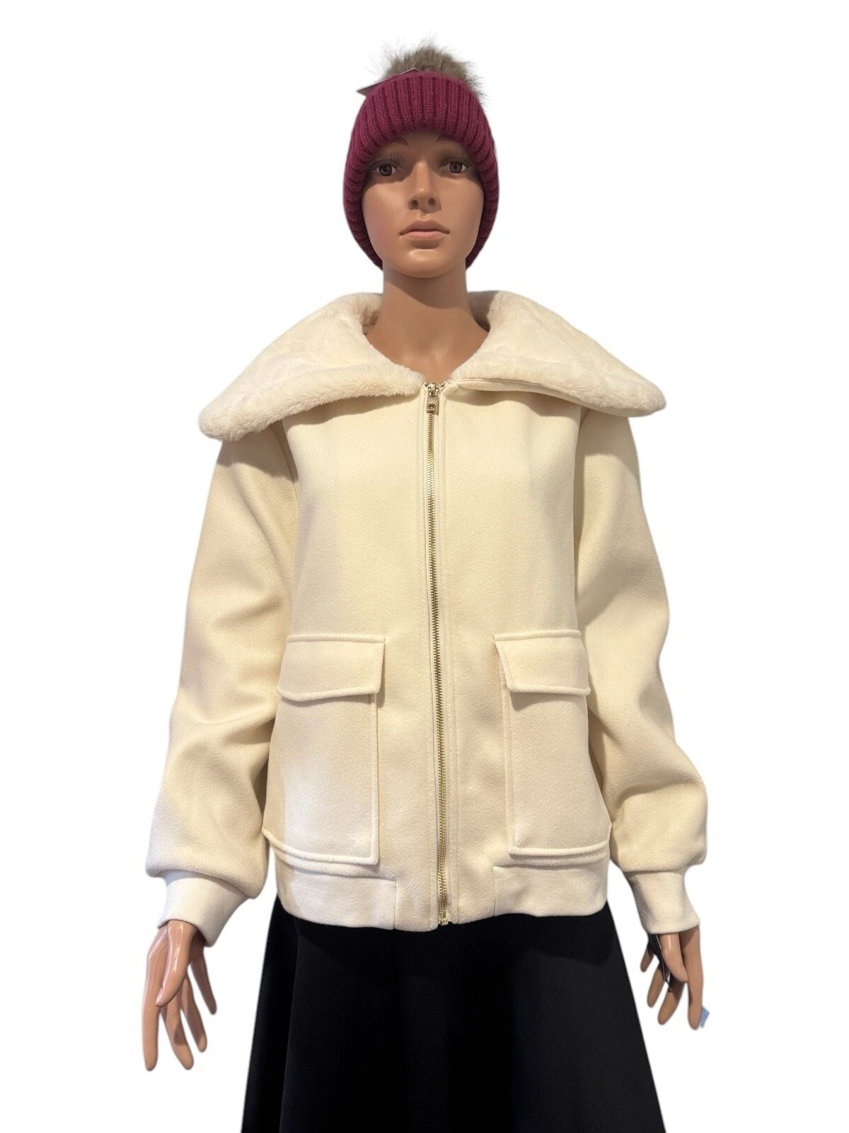 OFF WHITE Cappotto giacca zip intera collo pelliccia sintetica MARC NEW YORK colore bianco panna taglia L nuovo con etichette