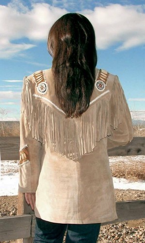 Women's Western American Cowgirl Jacket Suede Leather Fringe & Beaded Bones Work - Picture 2 of 3