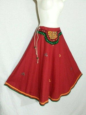 Red Hippy Boho Skirt Float Embellished Bells Draw String Waist up to 28''  S/M
