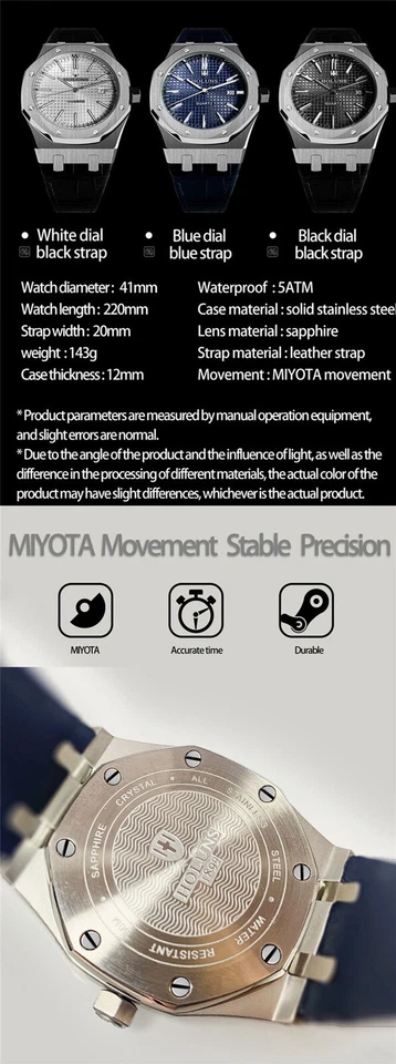 Reloj Hombre Blanco Zafiro Negro Lujo MIYOTA Cuarzo Roble Homenaje Holuns 41mm Foto 4 de 4