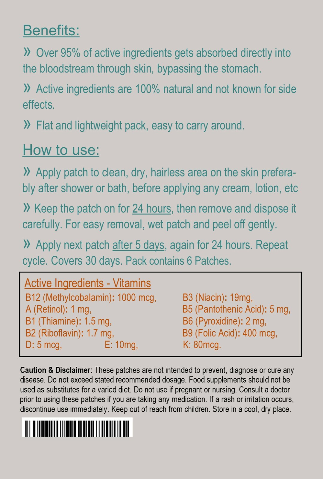 Vitamin B12-1000mcg + Additional Vitamins. Transdermal Patch. Natural. 6 Patches