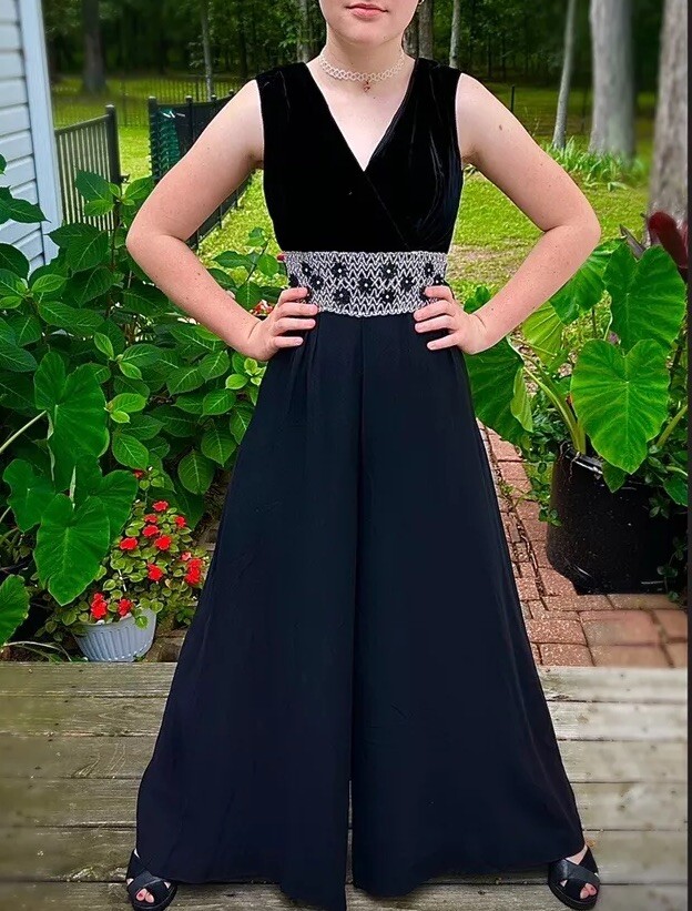 Vintage 70s Black Velvet Rhinestone Romper Jumpsuit Bell Bottom Dress Pant  Sz S