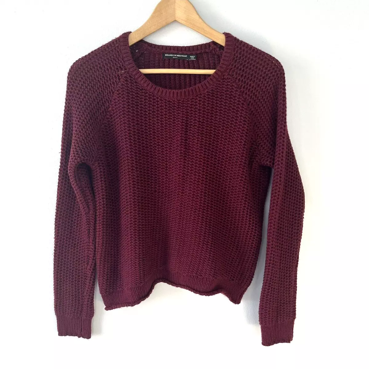 Brandy Melville One Size Cropped Burgundy Sweater Textured Open Knit Soft  Raglan