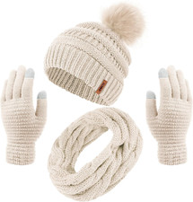 Womens Winter Warm Sets Knitted Fur Pompoms Beanie Hat Circle Loop Scarf Touch S