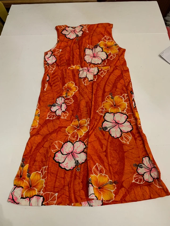Vestido sin mangas vintage hawaiano hecho en hawaiano de algodón naranja floral para mujer Foto 4 de 4