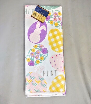 Easter Bunny Rabbit Egg Hunt Flower  Kitchen Hand Printed Decor Towel. 15''/25''.