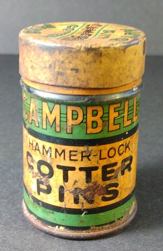 vintage CAMPBELL Tin - filled w/ Auto Hammerlock Pins - Bridgeport Conn - Picture 1 of 6