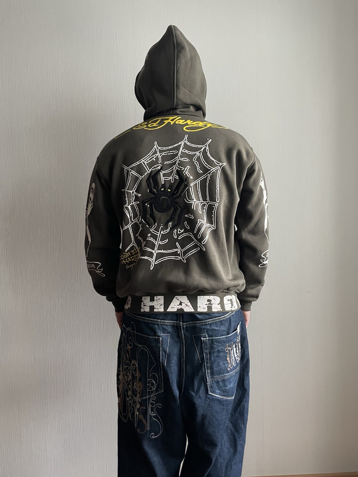 Vintage Y2K Ed Hardy Zip Up Hoodie Rhinestone Spaider Skull - Men’s - M