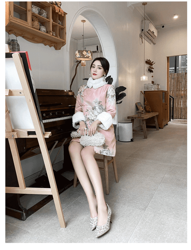 Cheongsam Retro Jacquard Embroidery Fur Collar Cotton Padded Jacket Dress Women - Picture 8 of 13
