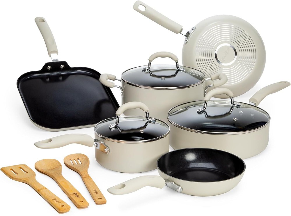 Goodful Ceramic Nonstick Pots Pans Set without PFOA PTFE PFAS 12-Piece Cream
