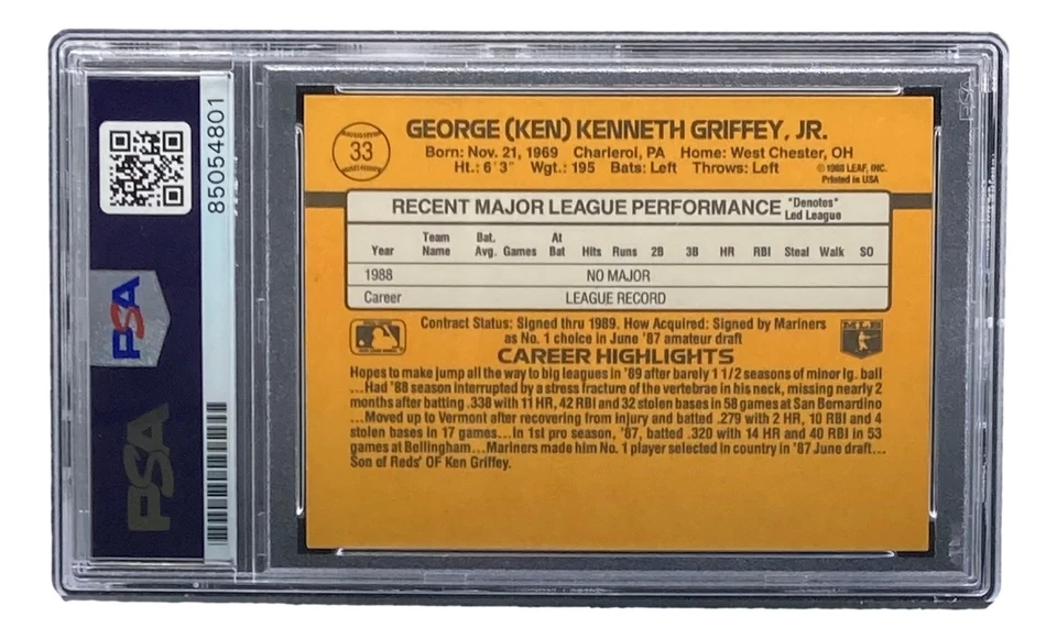 Ken Griffey Jr Signed Mariners 1989 Donruss #33 Rookie Card PSA/DNA Gem MT 10 - Image 2 of 4