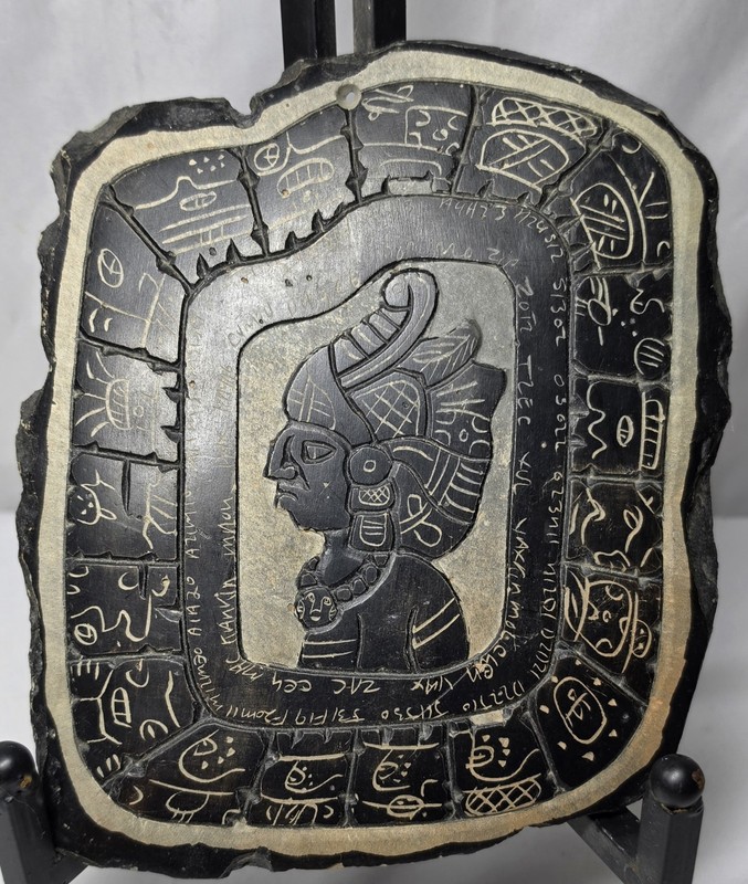 Hand-Carved Belize Black Slate Maya Calendar Plaque Signed E. Ramos 2009