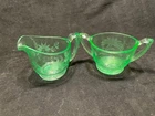 Uranium Depression Hand Cut Glass Creamer &  Sugar  Set" Etched Flowers"