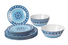 Blue Fontana 12-Piece Melamine Dinnerware Set Bowl Plate Dishwasher Safe Durable
