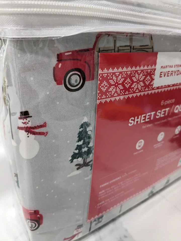 Conjunto de lençóis Rainha Martha Stewart árvores de Natal férias bonecos de neve 6 peças novo em pacote - Imagem 4 de 4