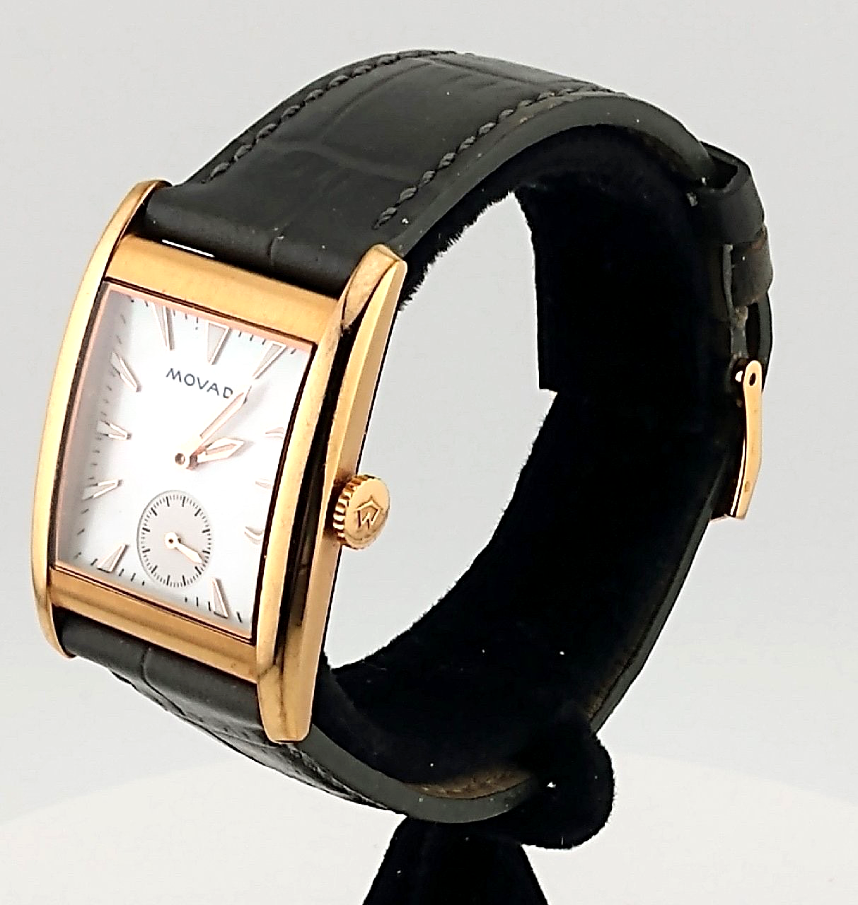 Vintage Movado Heritage Curviplan Gold Plated Watch with Silver-Gray Band