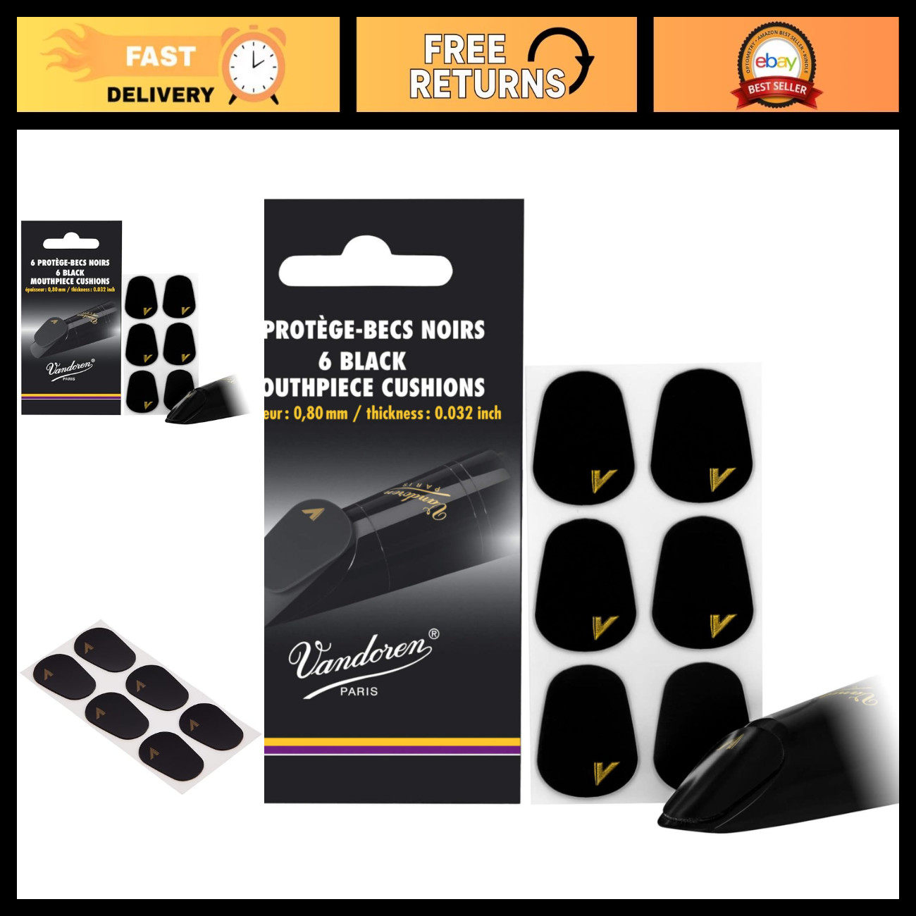 Mouthpiece Cushions for Clarinets/Saxophones - Thick 0.80mm, Black, Pack of 6