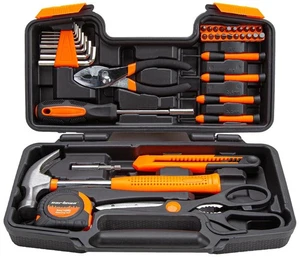 Orange 39 Ensemble d'outils à main ménagers avec stockage de boîte à outils en plastique