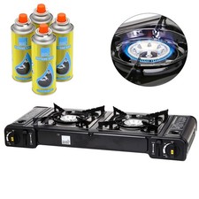 Portable Butane Double Twin Dual Burner Camping BBQ Gas Stove Cooker + 4 Refills