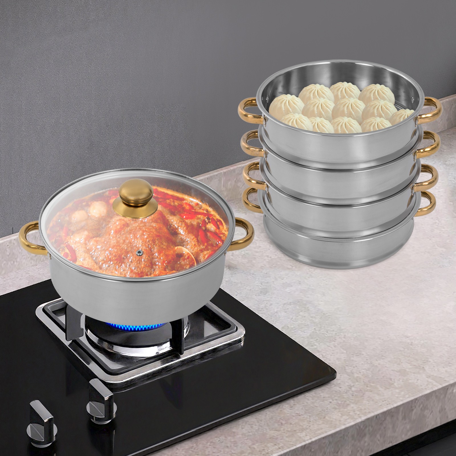 5-Tier 5L Cooking Pot Round Steamer Baskets Stainless Steel Lid Home Cookware