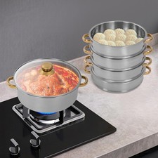 5-Tier 5L Cooking Pot Round Steamer Baskets Stainless Steel Lid Home Cookware