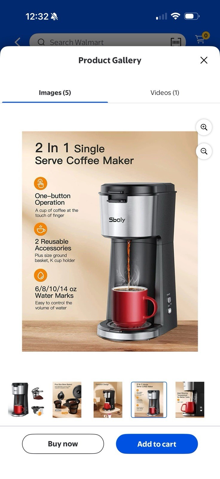 Sboly SYCM-9008 Single Serve Coffee Maker, Ground/K-Cup, 6-14oz, Stainless Steel