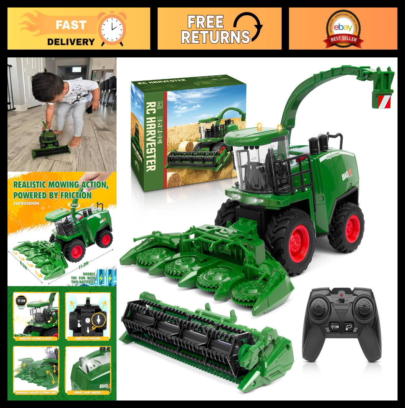 Cosechadora de Juguete Control Remoto, Tractor RC Escala 1/24 con Luces y Batería