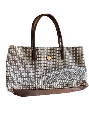 Tommy Hilfiger Logo Tote Bag Beige/Black with Brown Double Handles, Gold