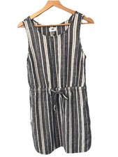 Old Navy Linen Blend Striped Sleeveless Mini Dress Drawstring Waist Blue White M