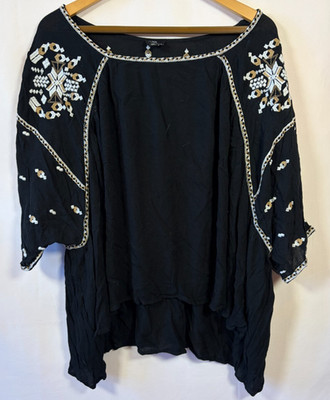 Curations Flowy Black Embroidered Cotton Top Size 2X Boho Peasant Blouse