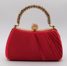 New Pearl Beaded Rhinestone Evening Handbag Purse Clutch Party Wedding/Red D62