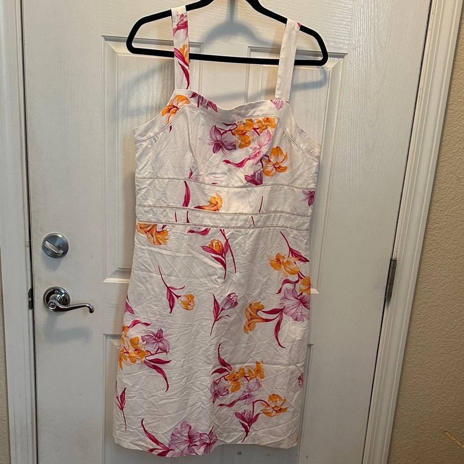 Ann Taylor White Dress with Pink and Orange Floral Design Linen Cotton Blend 12