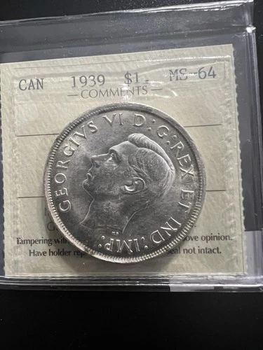 1939 Canada Silver $1 Dollar Coin - ICCS Graded MS-64! Rare In Such A High Grade