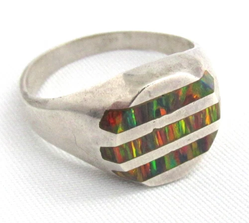 Vintage Sterling Silver Mexico 925 Inlaid Fire Opal Heavy Mens Ring- Size 12.5
