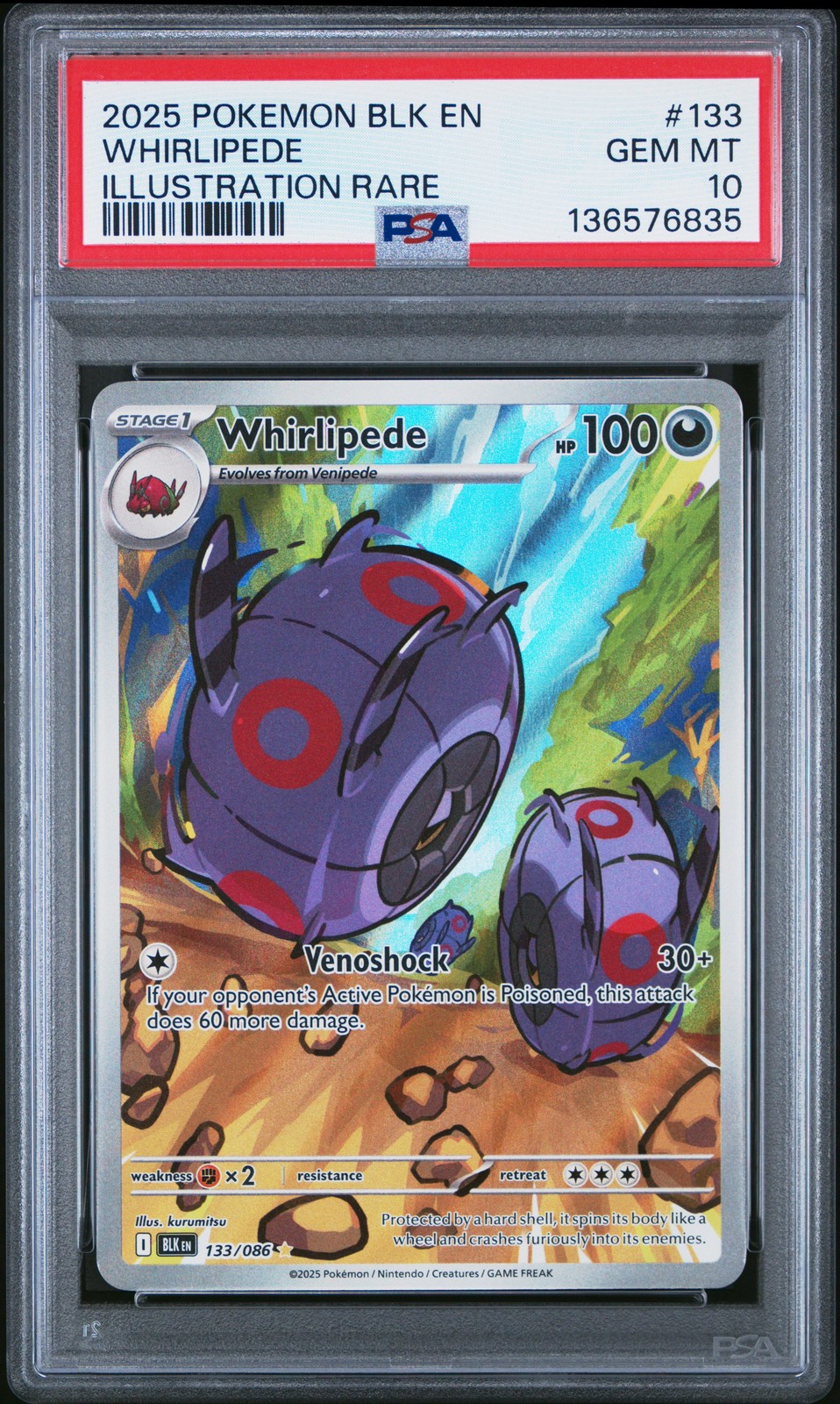2025 POKEMON BLK EN-BLACK BOLT ILLUSTRATION RARE #133 WHIRLIPEDE PSA 10